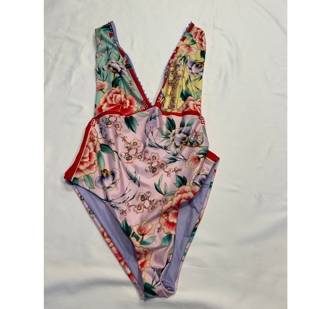 Agua Bendita Floral One Piece Swimsuit Pom Pom V-Neck High Cut Small Pink Exc